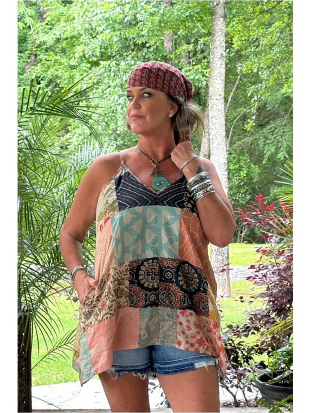 NEW Patchwork Sunrise Tank, V-Neck Boho Tank Top in Multi w/ Pockets